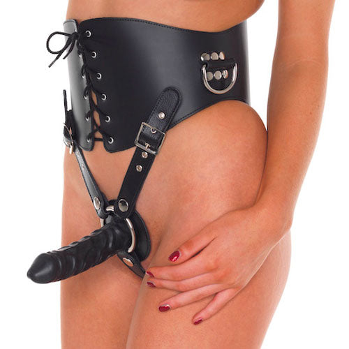 Leather Waist Corset With Strap On Dildo 6 Inch